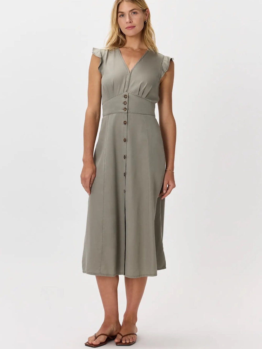 Vintage Wash Tencel Buiton Front Midi Dress / Olive/ XL